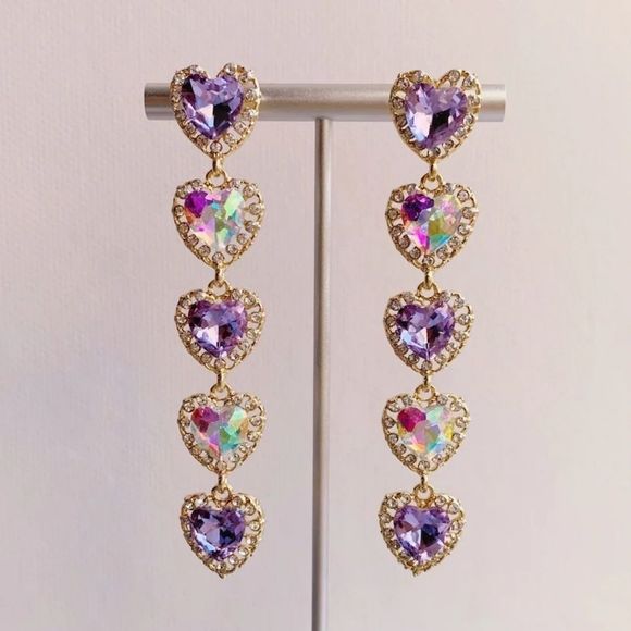 $16 Sale Purple Crystal Heart Dangle Earrings - Picture 1 of 2